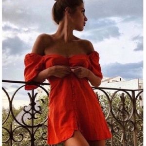 Zara Orange Red Linen Flutter Sleeve Button Mini Dress - Size Small